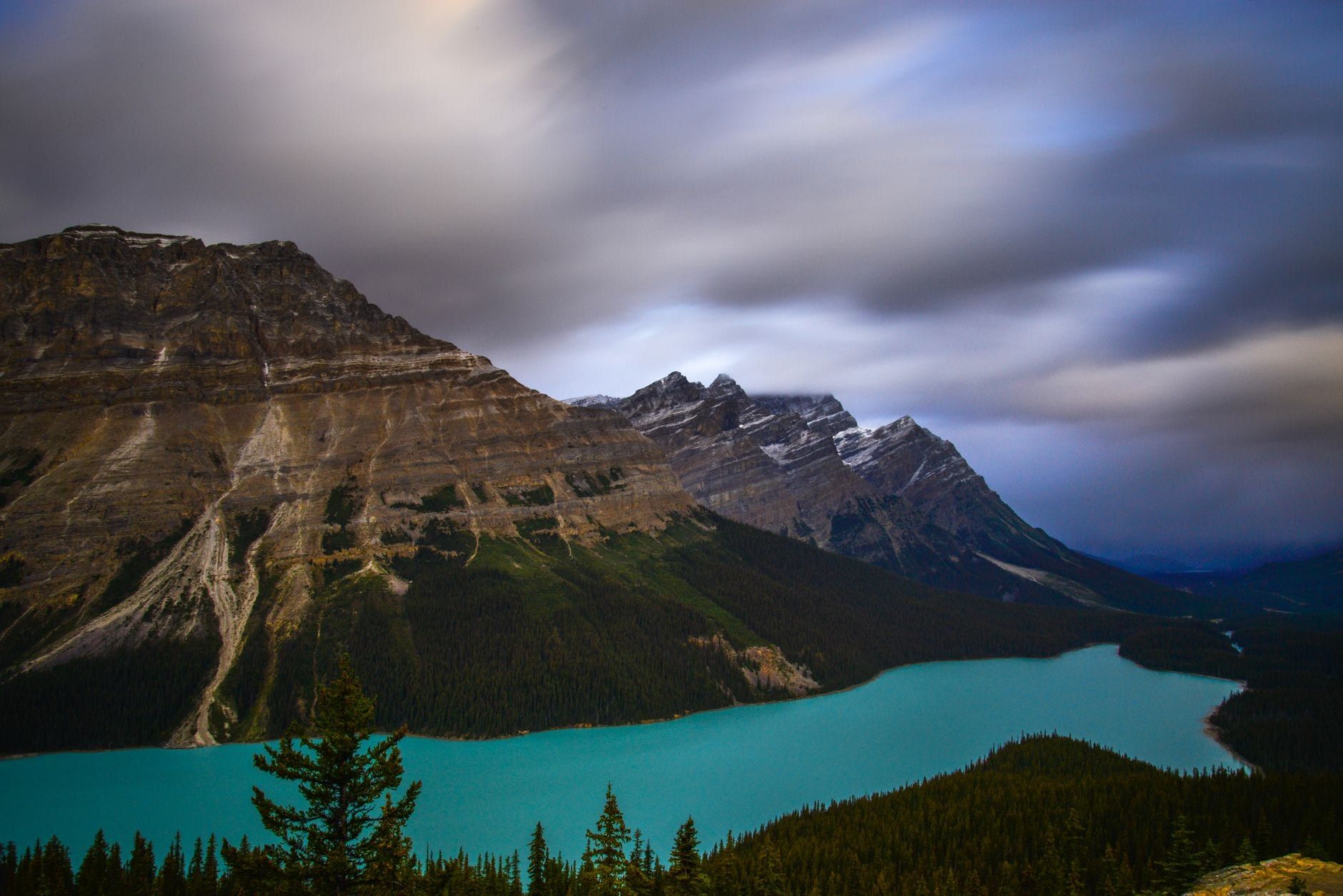Turquoise waters of Peyto Lake framed by rugged alpine peaks and coniferous forest in Banff National Park.