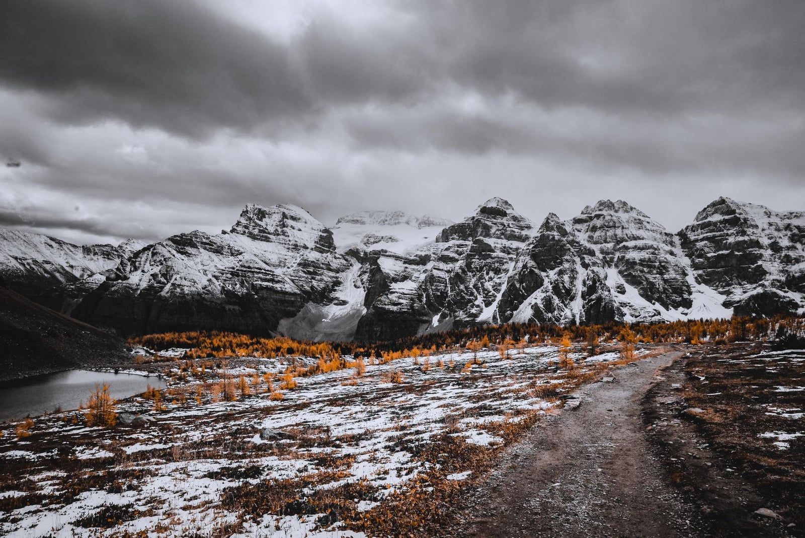 A hiking trail winds past golden larches and a tarn below snow-covered peaks in Larch Valley at Banff National Park.